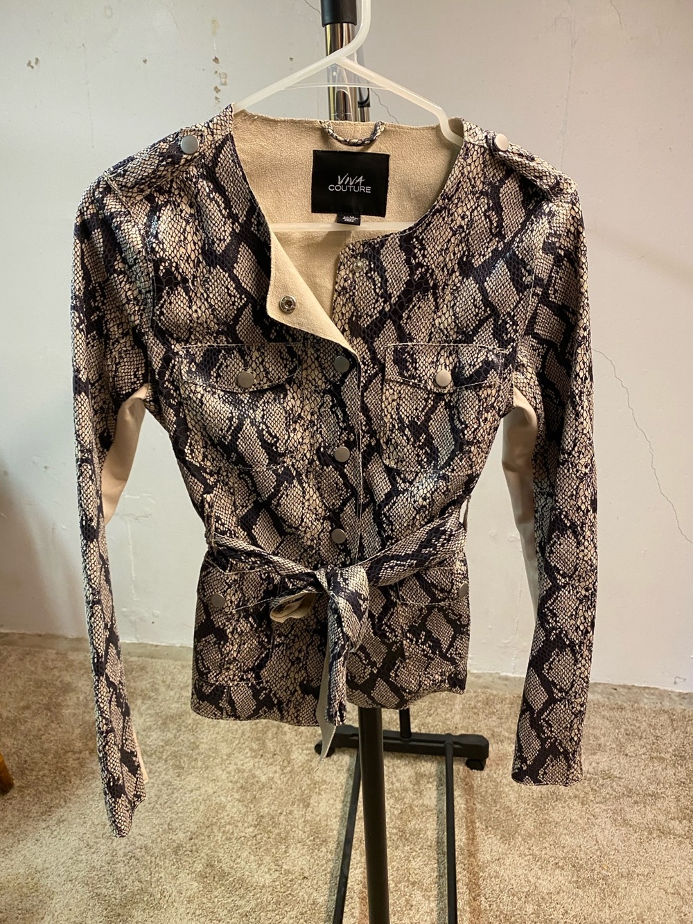 Vivacouture Beige and Black Snake-Print Belted Button-Front Top